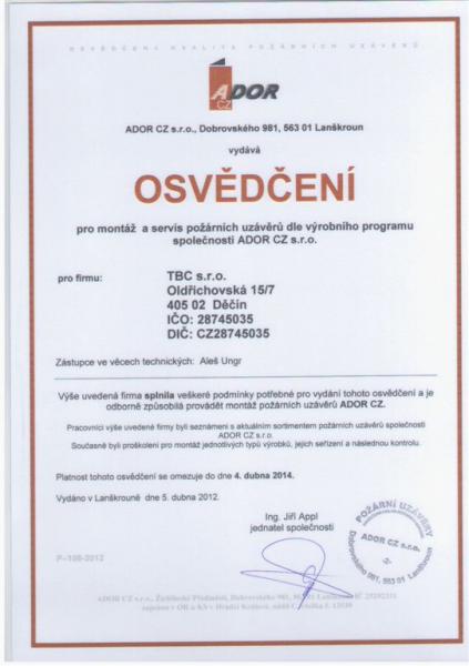 Osvědčení pro montáž požárních uzávěrů Ador